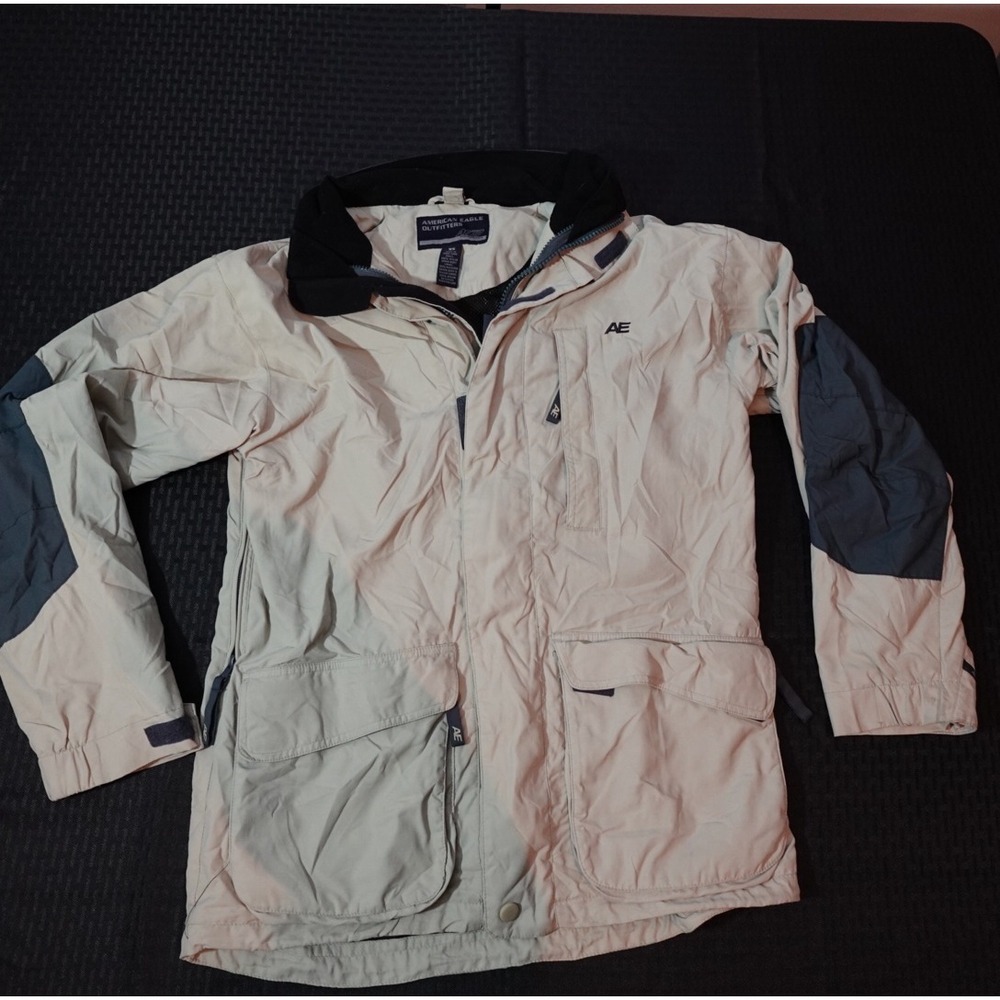 Vintage American Eagle AE77 Mens XS Tan Grey‎ Nylon Windbreaker Coat Y2K